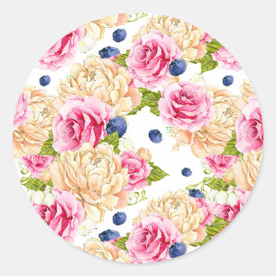 Sticker Rond Roses et myrtilles à l'aquarelle motif botanique