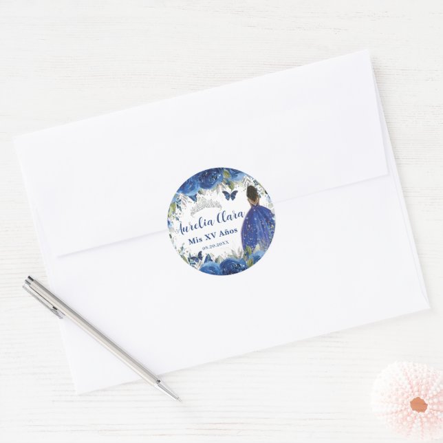 Sticker Rond Roses Florales Bleu Royal Marron Princesse Argent  (Enveloppe)