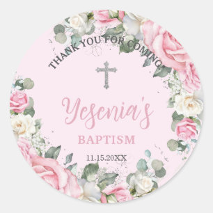 Sticker Rond Roses Florales Roses Blanches Baptême Chic