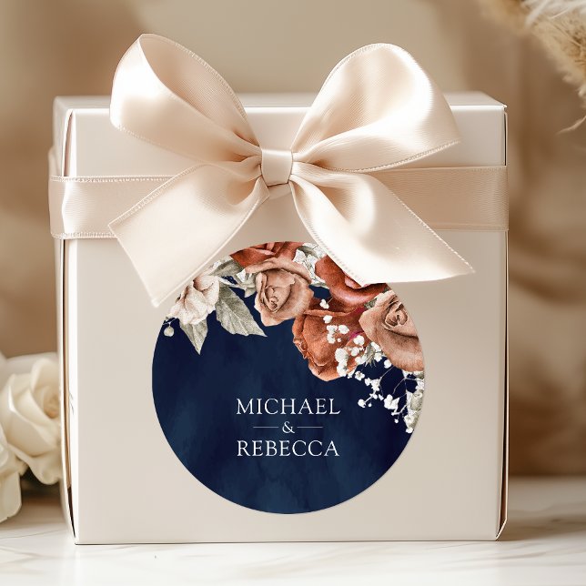 Sticker Rond Roses orange brûlé Terracotta Floral Navy Mariage (Créateur téléchargé)