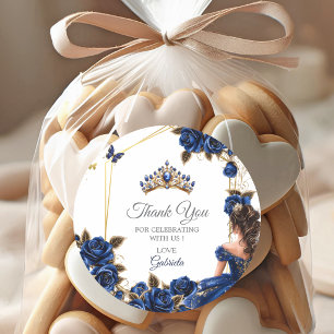 Sticker Rond Roses Quinceañera en bleu marine avec diadème doré