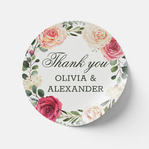 Sticker Rond Roses rose aquarelle. Floral mariage merci