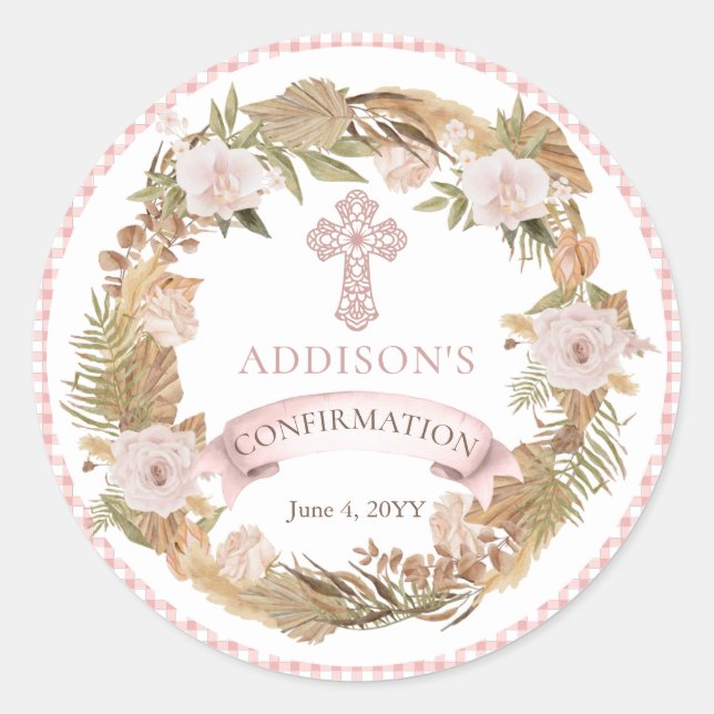 Sticker Rond Roses rose |Confirmation Florale Grasses séchées (Devant)
