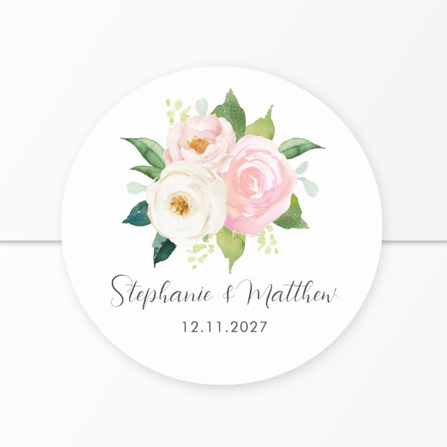 Sticker Rond Roses rose pâle Mariage botanique floral (Créateur téléchargé)