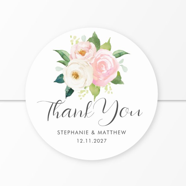 Sticker Rond Roses rose pâle Merci Mariage botanique (Créateur téléchargé)