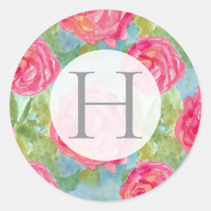 Sticker Rond Roses roses en aquarelle rose lettre écriture