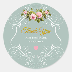 Sticker Rond Roses roses et feuillage vert sauge Merci