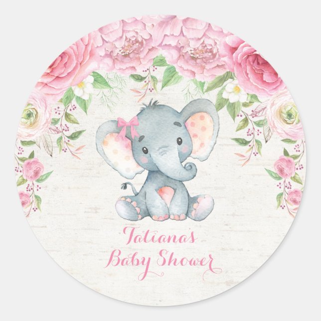 Sticker Rond Roses roses roses Bébé Eléphant Merci Faveur (Devant)