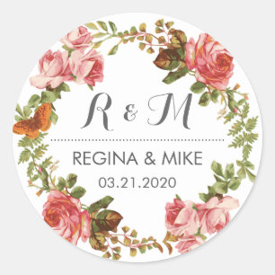 Sticker Rond Roses roses roses Florales Wreath Monogramme Print
