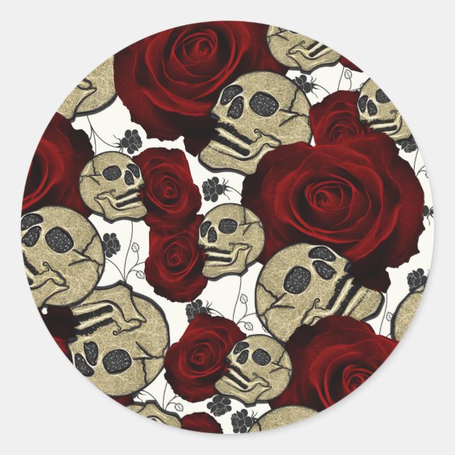 Sticker Rond Roses Rouges & Crânes Fleur Gothique Noir Blanc (Devant)