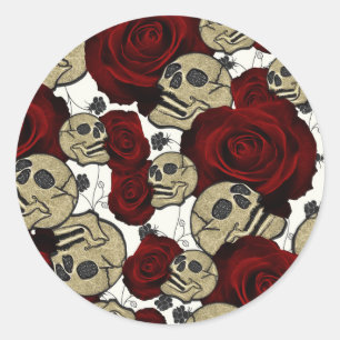 Sticker Rond Roses Rouges & Crânes Fleuris Gothiques Noir et Bl