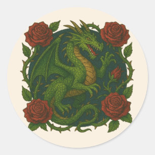 Sticker Rond Roses rouges dragon vert