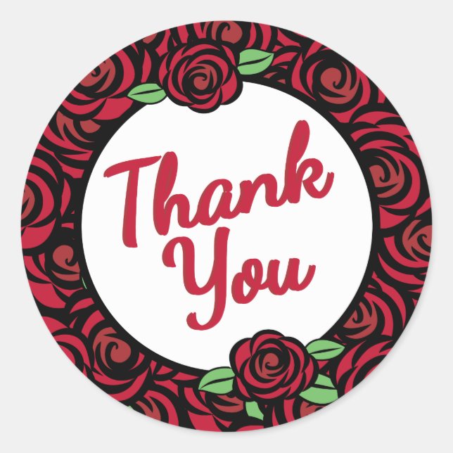Sticker Rond Roses rouges et rayures, Merci (Devant)