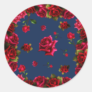 Sticker Rond Roses Rouges Faveur de Mariage Shabby Chic Bleu