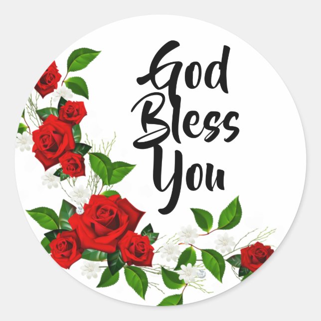 Sticker Rond Roses rouges fleurs blanches Dieu vous bénisse (Devant)