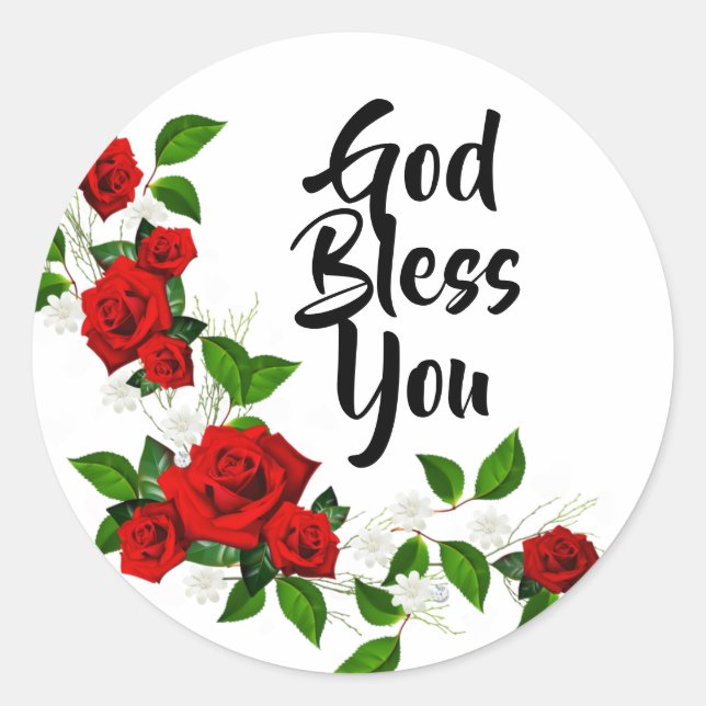 Sticker Rond Roses rouges fleurs blanches Dieu vous bénisse (Devant)