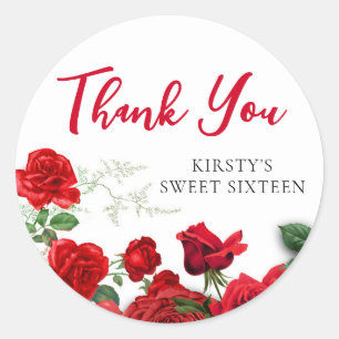 Sticker Rond Roses rouges romantiques sur blanc doux 16 Merci