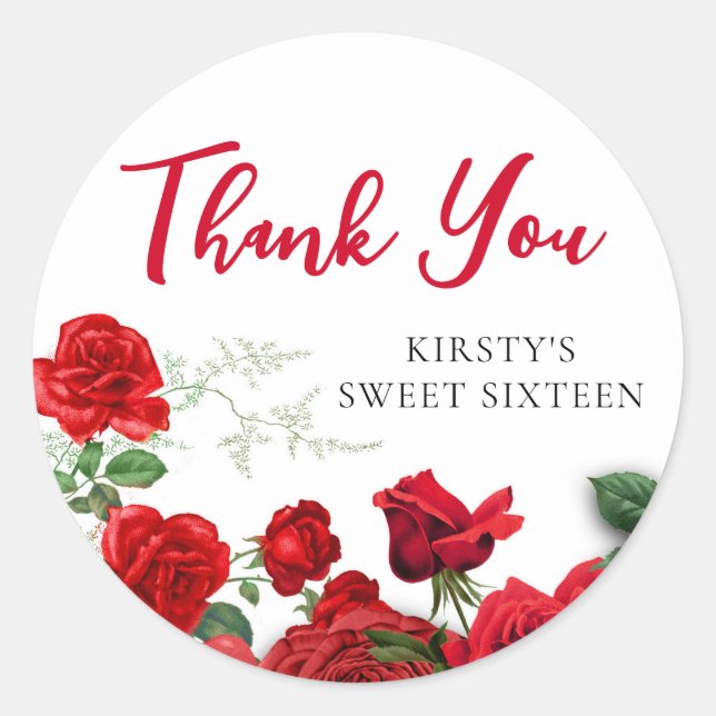 Sticker Rond Roses rouges romantiques sur blanc doux 16 Merci (Devant)