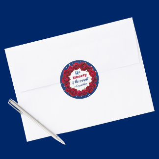 Sticker Rond Roses rouges sur bleu étoile arrière - plan texte