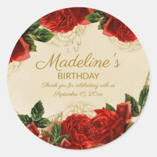 Sticker Rond Roses Rouges Vintage Feuilles Vertes Fête d'Annive