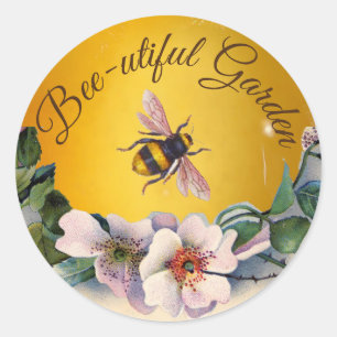 STICKER ROND ROSES SAUVAGES ET MIEL ABEILLE FLEURALE APICULTURE