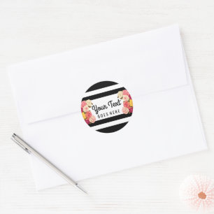 Sticker Rond Roses sur Moderne Black & White Stripes Chic Flori