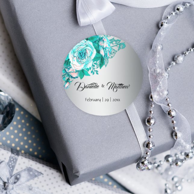 Sticker Rond Roses turquoise sur Mariage argenté (Créateur téléchargé)
