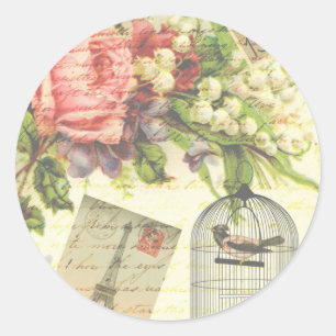 Sticker Rond Roses vintages et oiseaux en cage