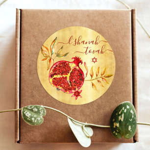Sticker Rond Rosh Hashanah Rouge grenade Aquarelle sur or
