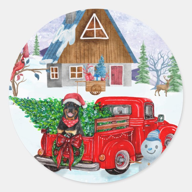 Sticker Rond Rottweiler Chien en livraison Noël Camion Neige (Devant)