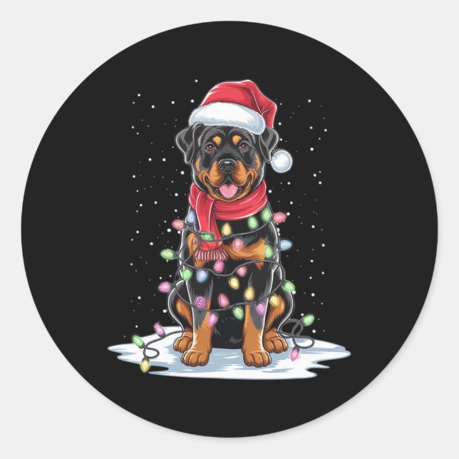 Sticker Rond Rottweiler Chien Santa Chapeau Noël Arbre Lumière  (Devant)