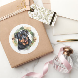 Sticker Rond Rottweiler Christmas Wreath Festive Pup