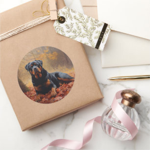 Sticker Rond Rottweiler dans les feuilles d'automne tombant ins