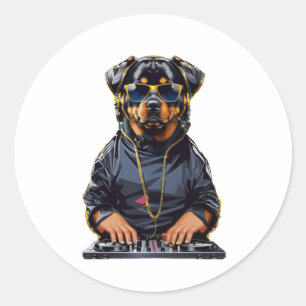 Sticker Rond rottweiler Dog Dj avec platine et casque