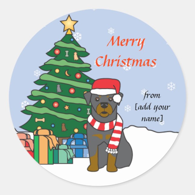 Sticker Rond Rottweiler et sapin de Noël (Devant)