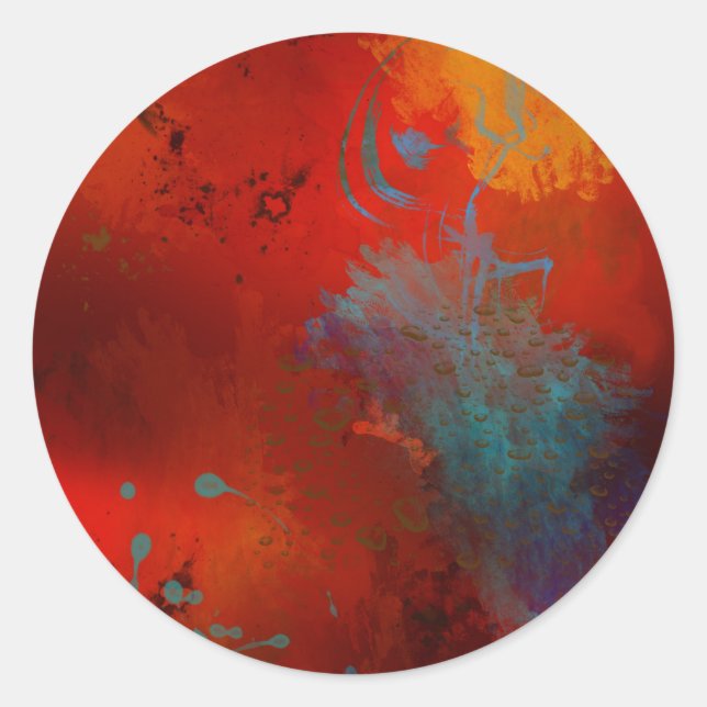 Sticker Rond Rouge, Aqua & Gold Grunge Digital Art Abstrait (Devant)