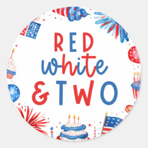 Sticker Rond Rouge, Blanc & Deux Fête d'anniversaire pour les 2