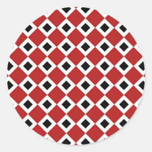 Sticker Rond Rouge, Blanc, Motif Diamant Noir