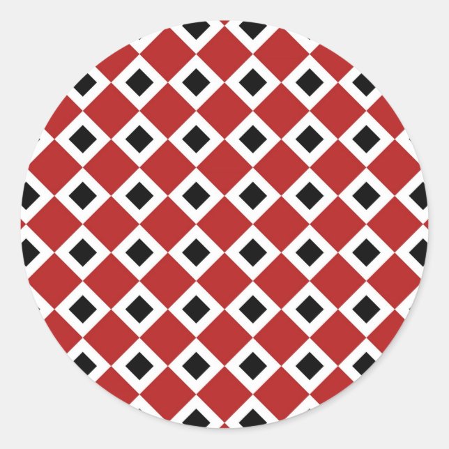 Sticker Rond Rouge, Blanc, Motif Diamant Noir (Devant)