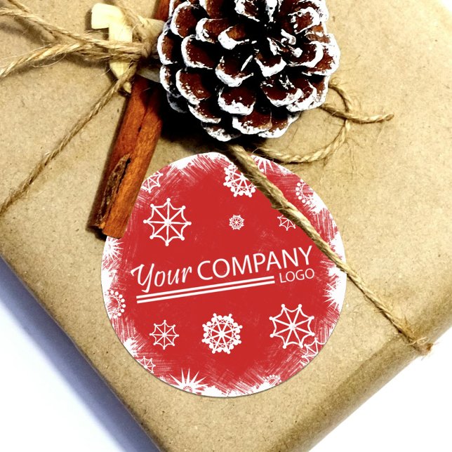 Sticker Rond Rouge, Blanc Snowflakes Logo Entreprise Vacances (red logo company holiday gift tags)