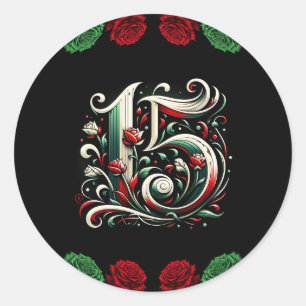 Sticker Rond Rouge Blanc Vert Mis Quince Anos 15 Quinceañera