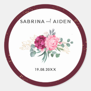 Sticker Rond Rouge bordeaux romantique   Mariage floral rose pâ