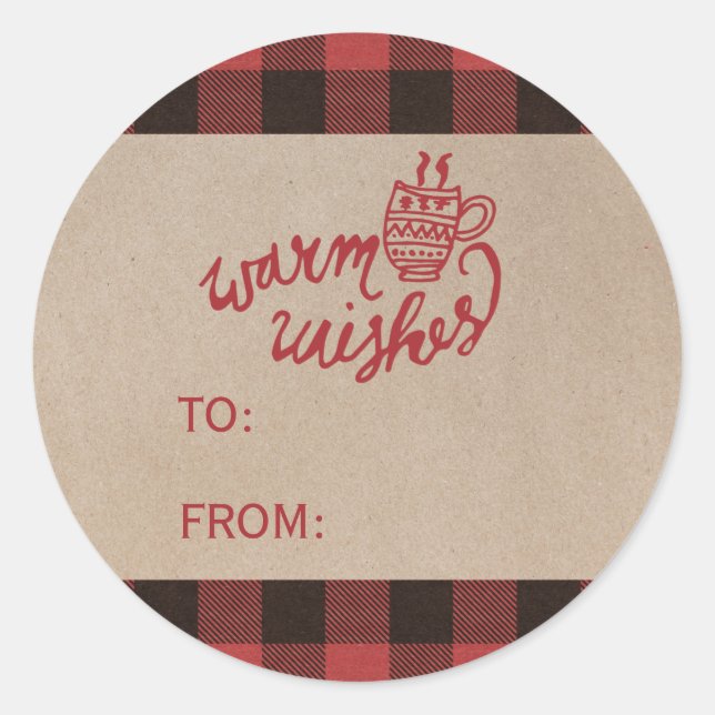 Sticker Rond Rouge Buffalo Plaid Warm Wains Noël Nom (Devant)