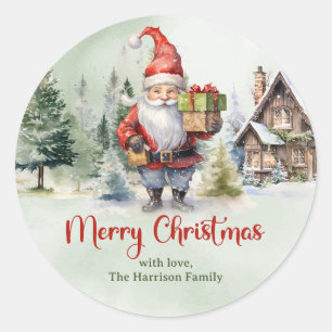 Sticker Rond Rouge classique et vert mignon gnome avec cadeaux