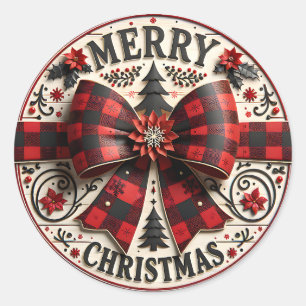 Sticker Rond Rouge et Noir à Carreaux Noël Rustique