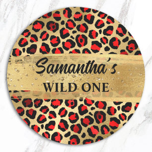 Sticker Rond Rouge et Or Feuille de Léopard Wild One