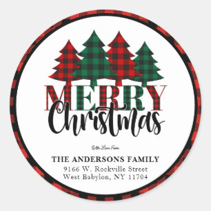 Sticker Rond Rouge et vert Buffalo Plaid Motif Joyeux Noël