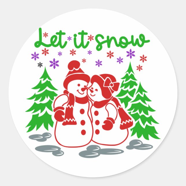 Sticker Rond Rouge et vert Laisser neiger Snowman Couple Noël (Devant)