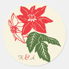 Sticker Rond Rouge et vert Poinsettias Mariage de Noël