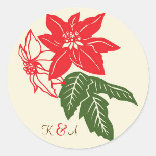 Sticker Rond Rouge et vert Poinsettias Mariage de Noël